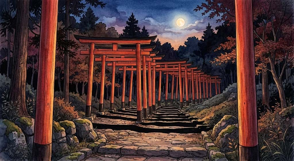たくさんの鳥居の夢占いの結び、夕暮れに静かに佇む参道の鳥居の連なり
