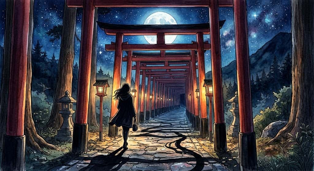 たくさんの鳥居の夢占いを表す、満月の夜に朱色の鳥居を進む女性のシルエット