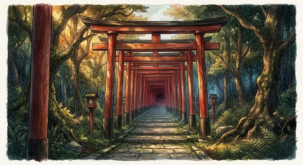 たくさんの鳥居の夢占い、日中の参道に果てしなく連なる朱色の鳥居の景色