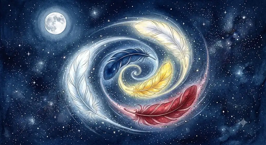白・青・黄・赤の色彩が象徴する感情の輪郭を描いた幻想的なイメージ