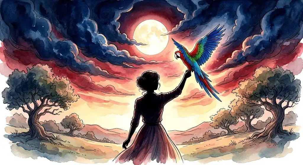 鮮やかな原色の羽を持つオウムが女性の手にとまる様子を描いた、オウムの夢を象徴する幻想的なイメージ