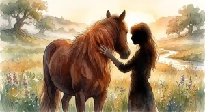 馬を撫でる夢占いを象徴する、女性の手が栗色の馬の毛並みに触れる情景