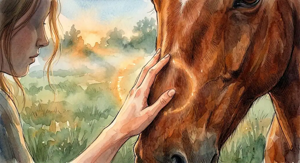 馬を撫でる夢占いの入口となる、指先が馬の毛並みに沈み込むクローズアップ