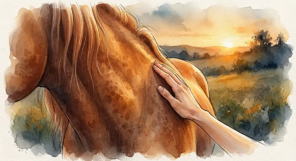 感性工学が語る触覚的な確かさを象徴する、夕暮れに馬へ触れる手の構図
