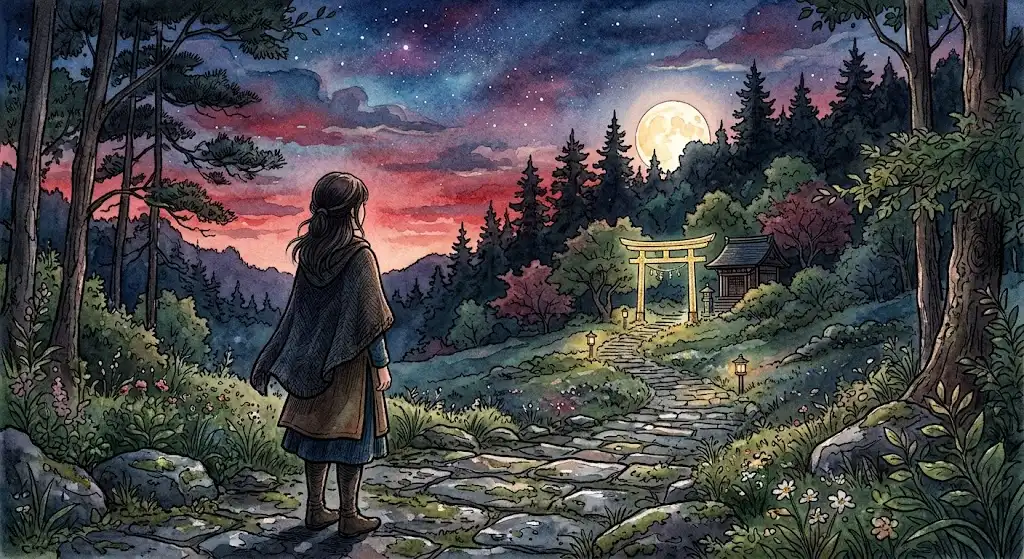 夕暮れの参道に佇む人影と鳥居が描く、夢で見た神社が実在した物語の着地イメージ