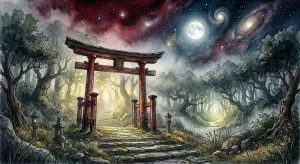 夢で見た神社が実在した瞬間を象徴する、霧の参道に佇む荘厳な鳥居のイメージ