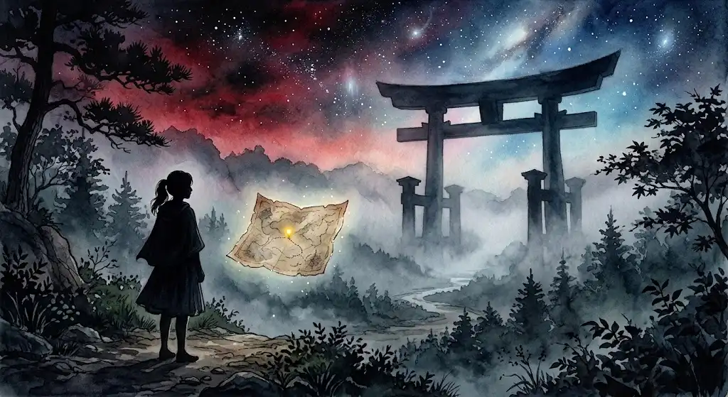 霧の中に浮かぶ鳥居と地図の光点が重なる、夢で見た神社が実在した驚きの瞬間