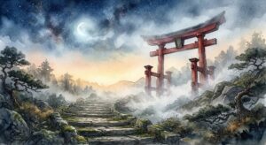 霧の奥から朱色の鳥居が浮かび上がる、神社が出てくる夢を象徴するイメージ