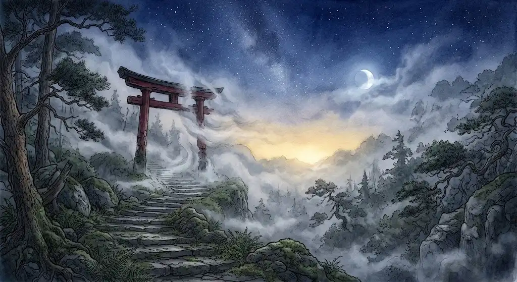 霧の向こうにぼんやりと浮かぶ朱色の鳥居の幻想的な情景