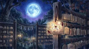 神社の絵馬に描かれた馬が満月の光に照らされる、絵馬 馬 夢占いの象徴的な景色