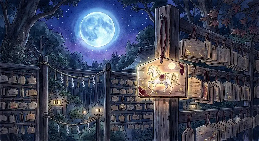 神社の絵馬に描かれた馬が満月の光に照らされる、絵馬 馬 夢占いの象徴的な景色