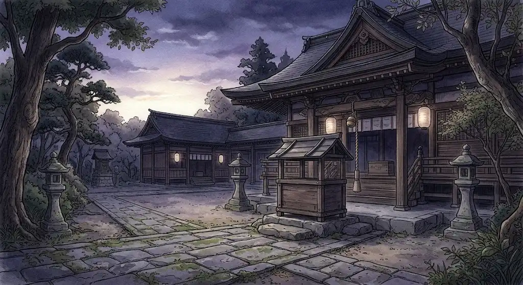 神社でお賽銭を入れる夢の余韻を表す、夕暮れに包まれた人影のない神社境内の情景