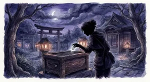 神社でお賽銭を入れる夢の意味を表す、薄闇の中で賽銭箱へ硬貨をそっと差し出す手元のシルエット