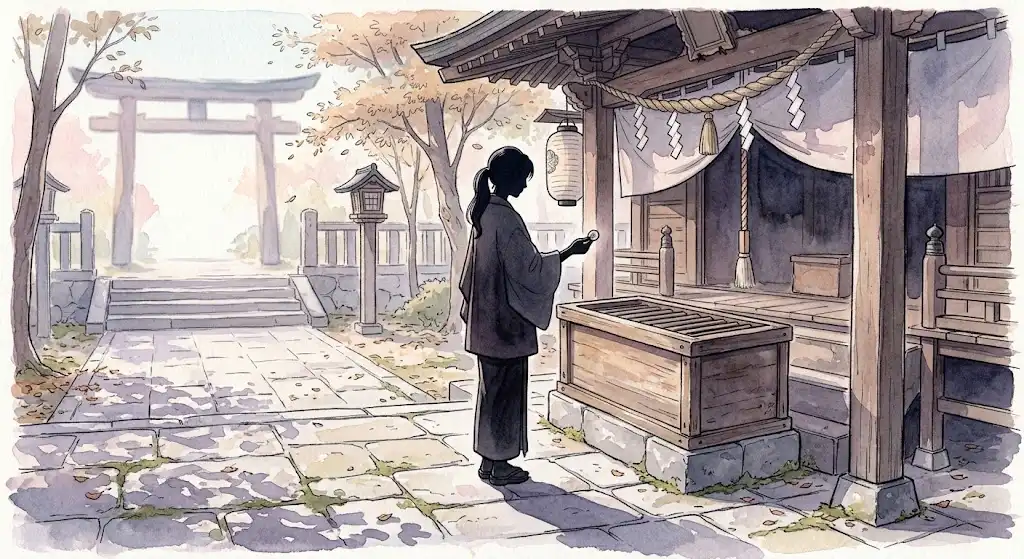 神社でお賽銭を入れる夢の状況別パターンを表す、日中の境内で佇む人物のシルエット