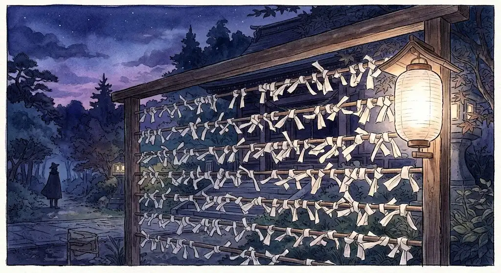 複数のおみくじが結ばれた授与所を照らす、夕暮れの静かな神社の情景