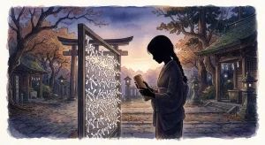 神社でおみくじを引く夢を象徴する、日中の境内でくじを引く女性の後ろ姿