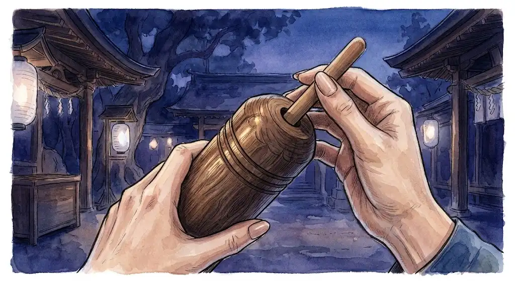 木筒を振っておみくじの棒を取り出す手元をクローズアップで描いた情景