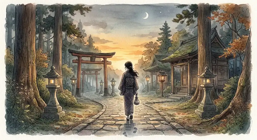 夕暮れの淡い光に包まれながら、境内の奥へと続く石畳の道を歩む女性の後ろ姿のイメージ