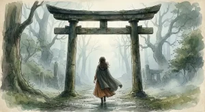 神社の境内の夢を象徴する、灰霞む鳥居をくぐり静けさに包まれていく女性の後ろ姿のシルエット