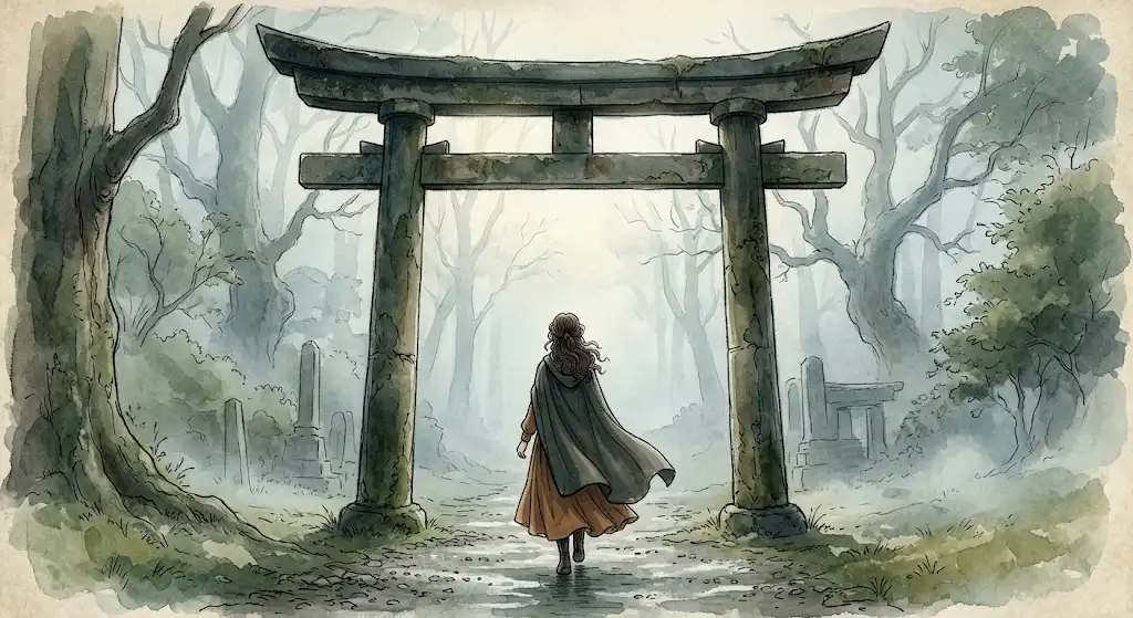 神社の境内の夢を象徴する、灰霞む鳥居をくぐり静けさに包まれていく女性の後ろ姿のシルエット