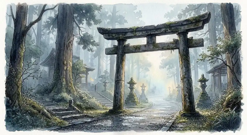 鳥居の向こうに霧が立ちこめ、静けさに満ちた境内の朝の情景を描いた幻想的なイメージ