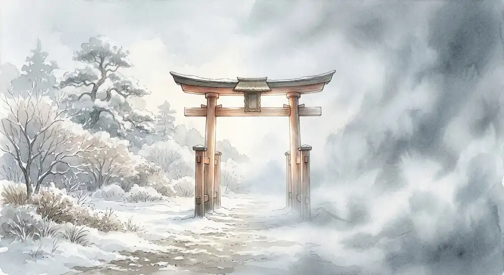 比較宗教学が語る、日常と聖域を分かつ境界の装置としての鳥居を描いた象徴的なイメージ