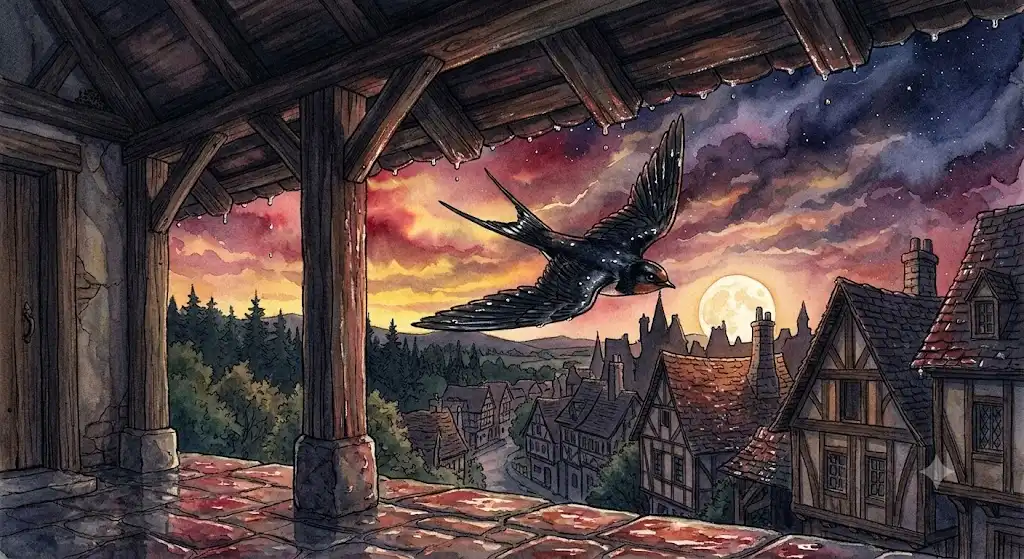 雨上がりの軒下でツバメが巣へ戻る瞬間を描いた、ツバメの夢の象徴的な情景