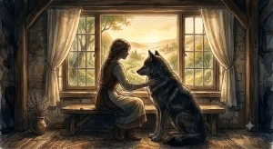 狼を飼う夢占いの意味を表す、若い女性と狼が寄り添う幻想的な情景イラスト