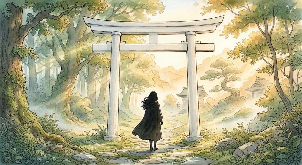 白い鳥居の夢占いが示す意味を象徴する、朝の柔らかな光に包まれた白い鳥居と佇む女性のシルエット