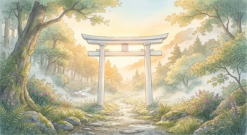朝もやが薄く漂う中、白く輝く鳥居が静けさに包まれて佇む様子を描いた夢占いの神秘的な情景