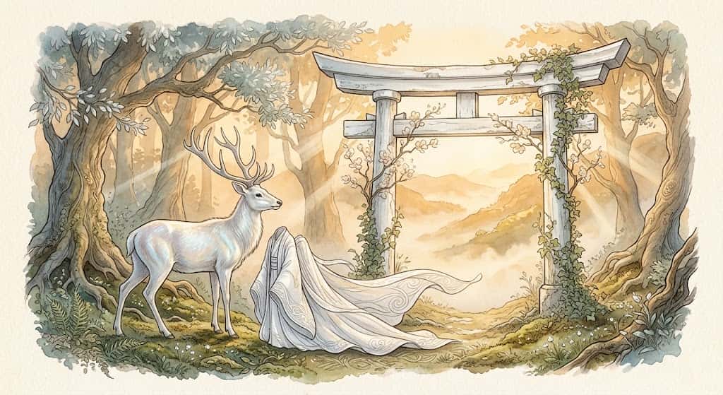 文化人類学の視点から白い鳥居と白い動物や装束が象徴する神聖な境界を描いた学術的イメージ