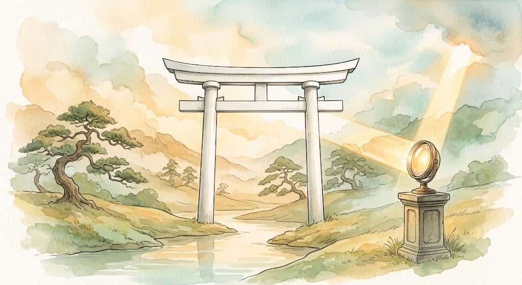 現象学の視点から、意識が焦点を結び輪郭が澄んでいく過程を白い鳥居で象徴的に描いたイメージ