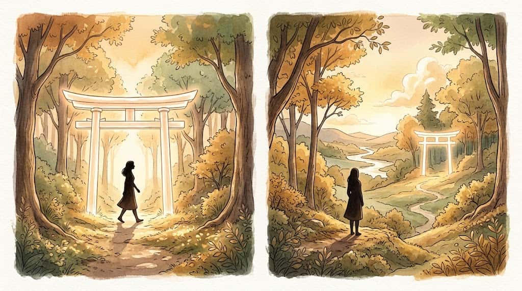 白い鳥居を自らくぐる人と、遠くから静かに見守る人という二つの心理状態を対比したイメージ