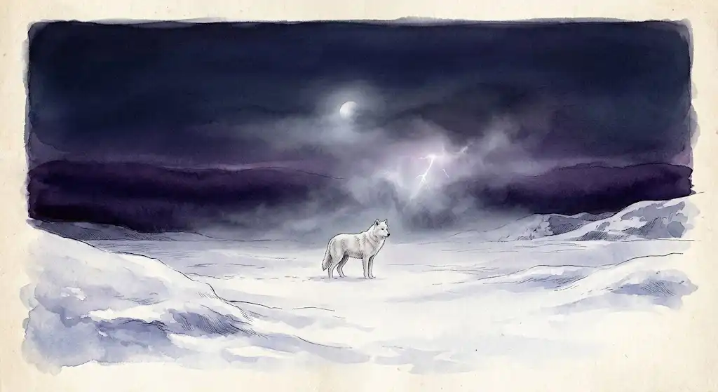 状況別の夢の意味を象徴する、雪原に立つ白い狼と霞む月明かりの情景