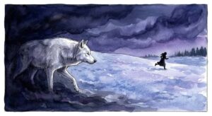 白い狼に追われて雪原を走る人物の後ろ姿、夢占いの緊張感を表すイラスト