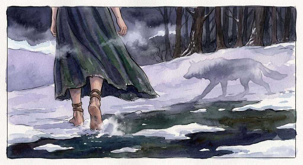 白い狼に追われて雪原を走る人物の後ろ姿、夢占いの緊張感を表すイラスト
