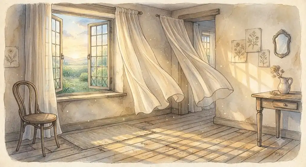 狼になつく夢の余韻を象徴する、朝の光が差し込む静かな部屋の風景