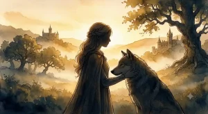狼になつかれる夢の象徴、女性の横顔と寄り添う狼を描いた幻想的なイメージ