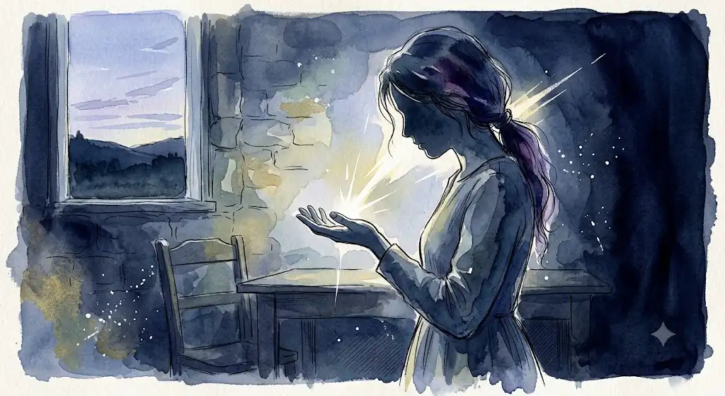 狼に手を噛まれる夢を見た朝、自分の手のひらをそっと見つめる女性のシルエットイラスト