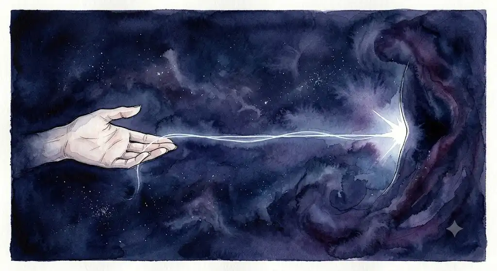現象学の視点から狼に手を噛まれる夢を読み解く、宙づりの時間を象徴する光の糸のイラスト
