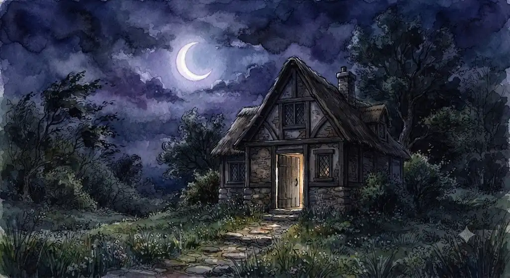 狼が家に入ってくる夢が示す変化の予感を、月夜の家の佇まいで静かに描く