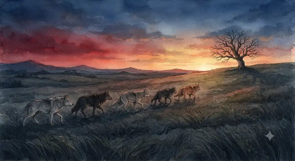 夕暮れの草原を歩む狼の群れと一本の木が佇む静かな着地のイメージ