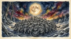 満月の下、境界の曖昧な狼の群れが佇む幻想的な狼の群れの夢のイメージ