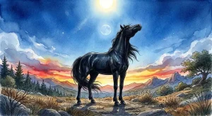 干支の馬の夢占いを象徴する、正午の太陽を浴びる漆黒の馬のイメージ