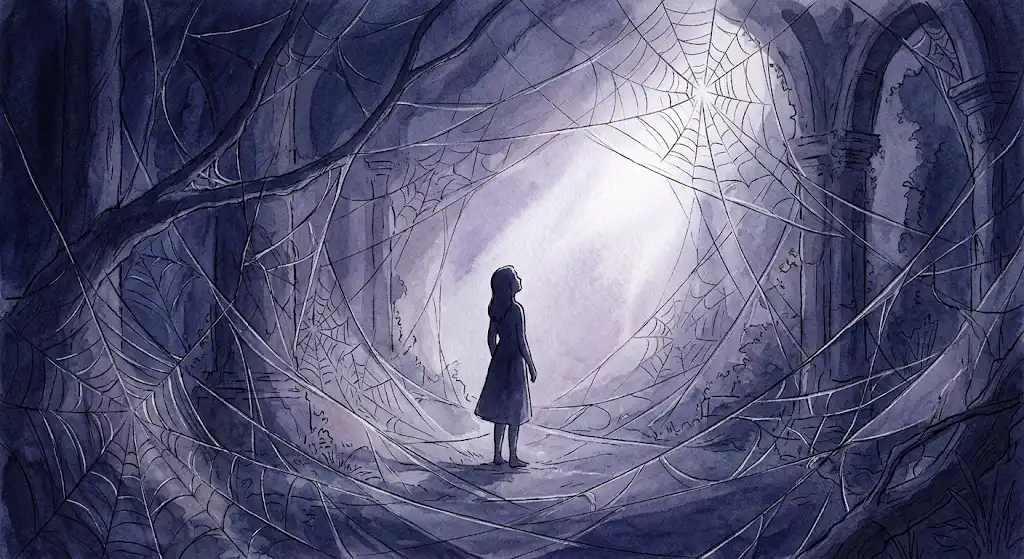 重なる蜘蛛の糸の影の中で静かに佇む人物の姿を描いた、蜘蛛に襲われる夢の着地イメージ