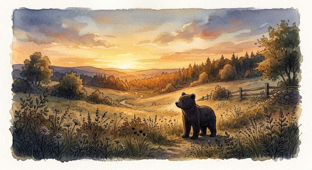 夕暮れの柔らかな光に佇む子熊のシルエット、子熊の夢が伝える穏やかな安心を描いた一枚