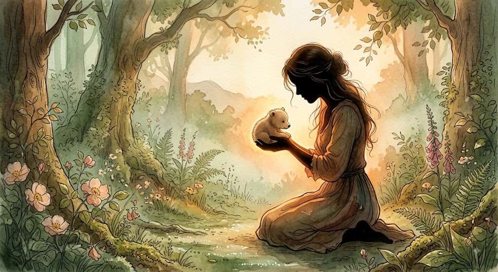 温かな光の中で子熊をそっと両手で抱きかかえる情景、子熊の夢が語る育みの始まりを描いた一枚
