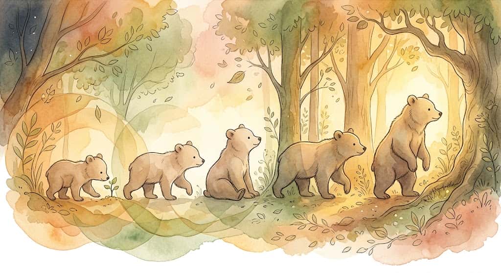 少しずつ大きくなる子熊の成長を並べた情景、時間生物学が語る芽吹きの時間を描いた一枚