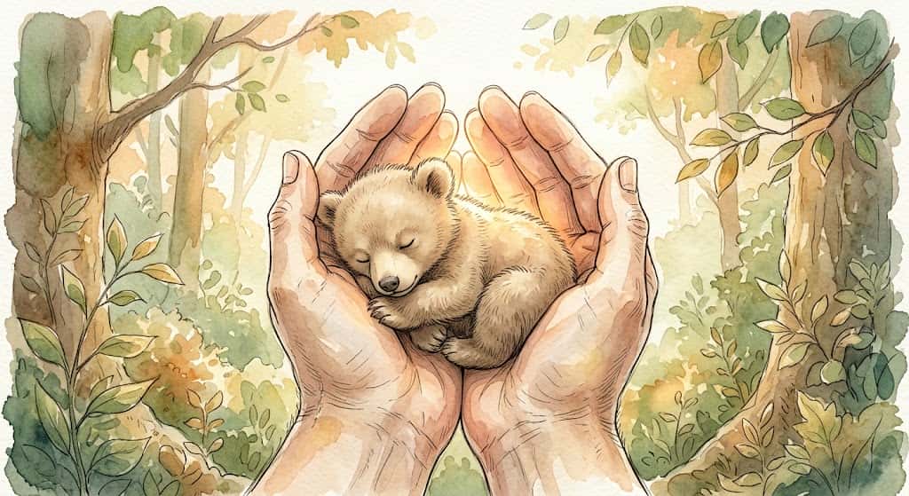 両手でそっと子熊を抱きかかえる温かな場面、育てたいという気持ちの高まりを描いた一枚