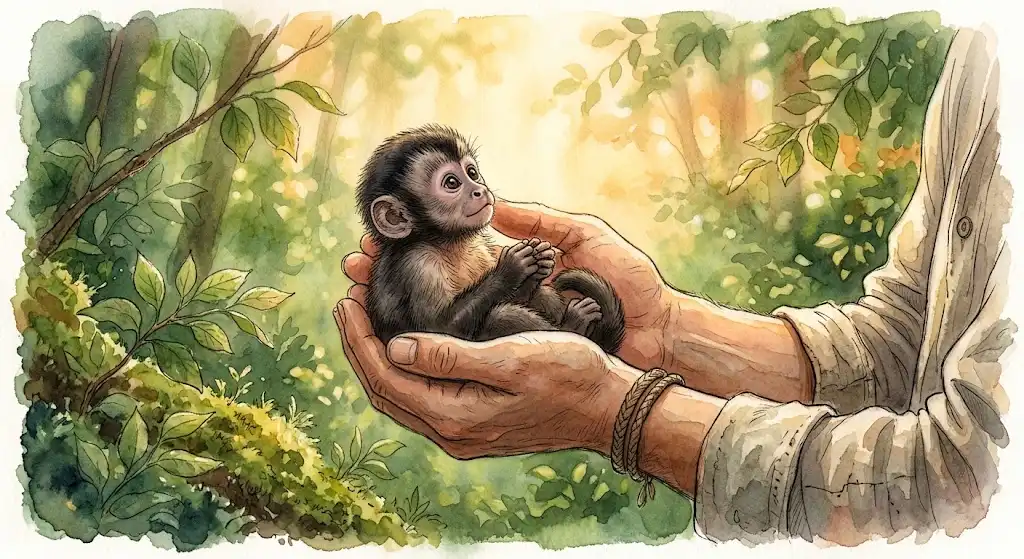 両手でそっと抱き上げられる子猿の夢が、静かに芽生える優しさの瞬間を描いたイラスト